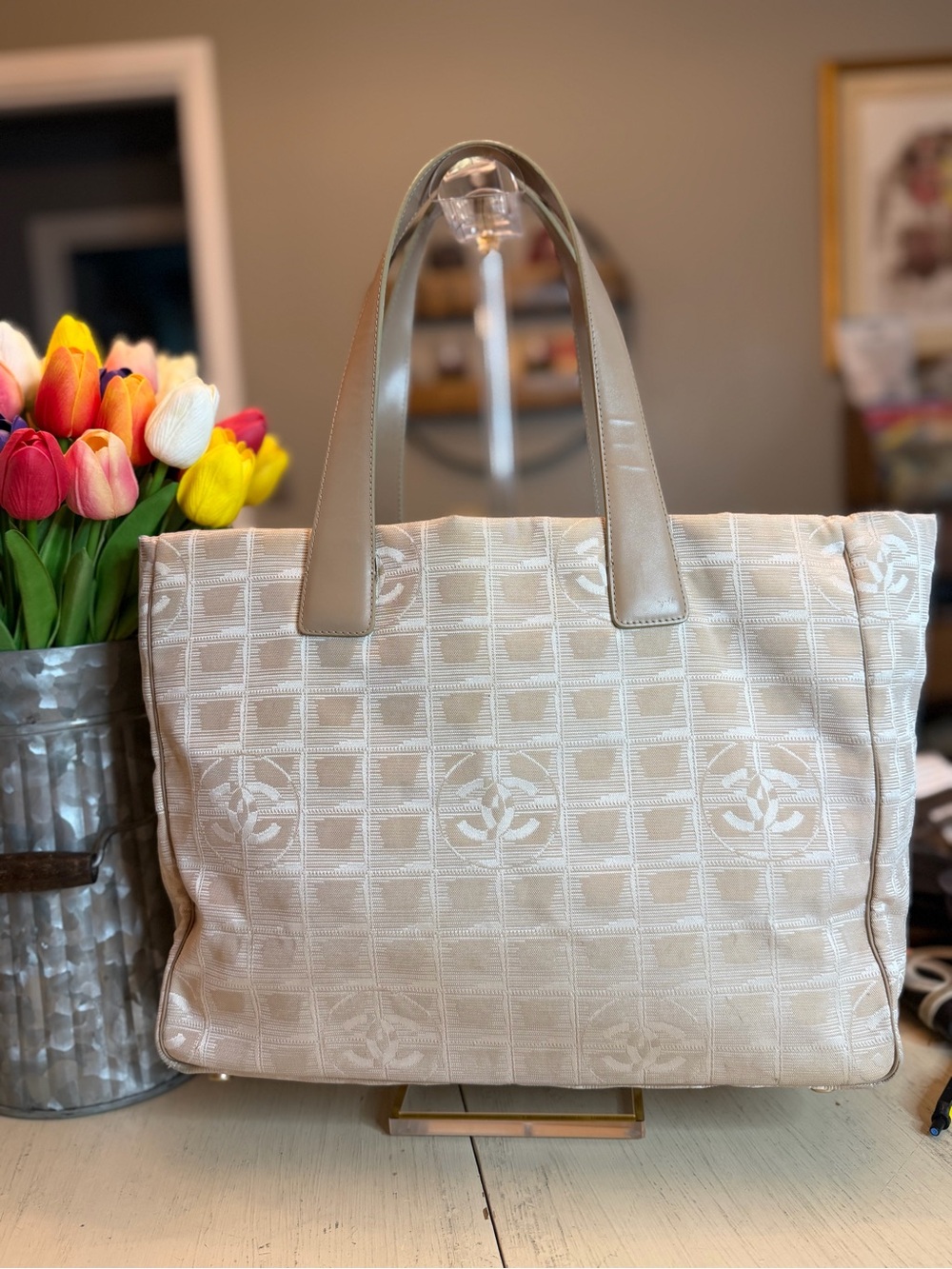 CHANEL Travel Ligne Beige Canvas Tote with Leather Handles